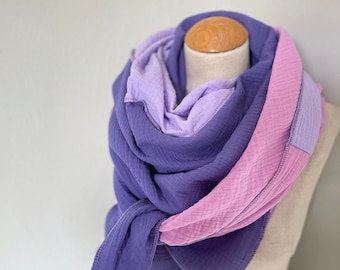 Muslin cloth XXL wrap scarf triangle loop scarf pink purple lilac pastel pink cotton scarf stole summer scarf triangular scarf