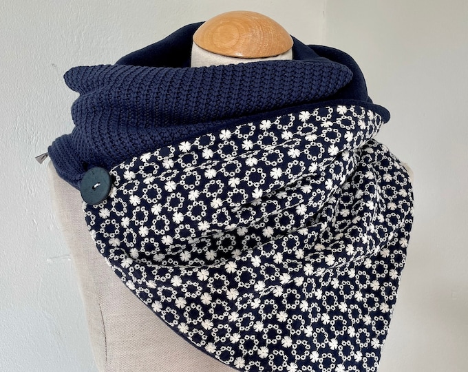 Wrap Scarf Triangle Scarf Button Scarf Knitted Scarf Loop Reversible Scarf Blue Navy Embroidery Pattern Flowers Classic