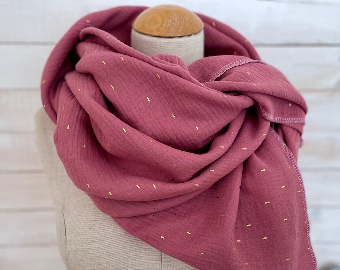 Muslin cloth XXL wrap scarf loop scarf mallow old pink mauve gold scarf stole summer scarf triangular scarf