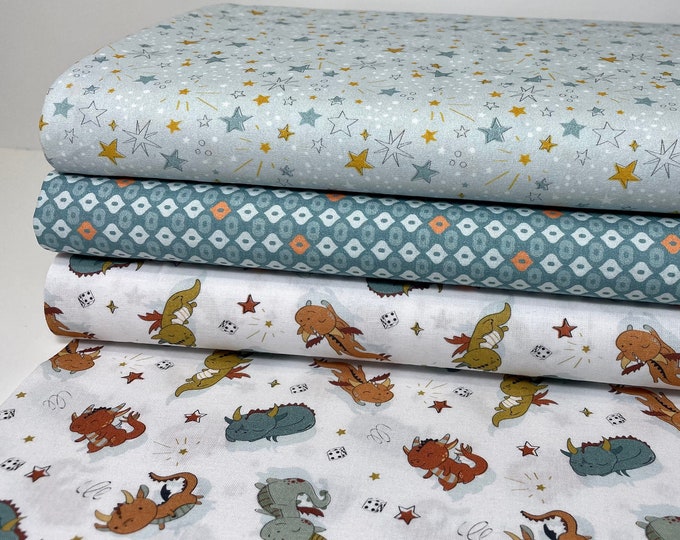 Cotton Fabric Patchwork Sold by the Meter Petrol Green Reed Dragon Boy Children's Fabric Stars Watercolor Mint Blue Turquoise