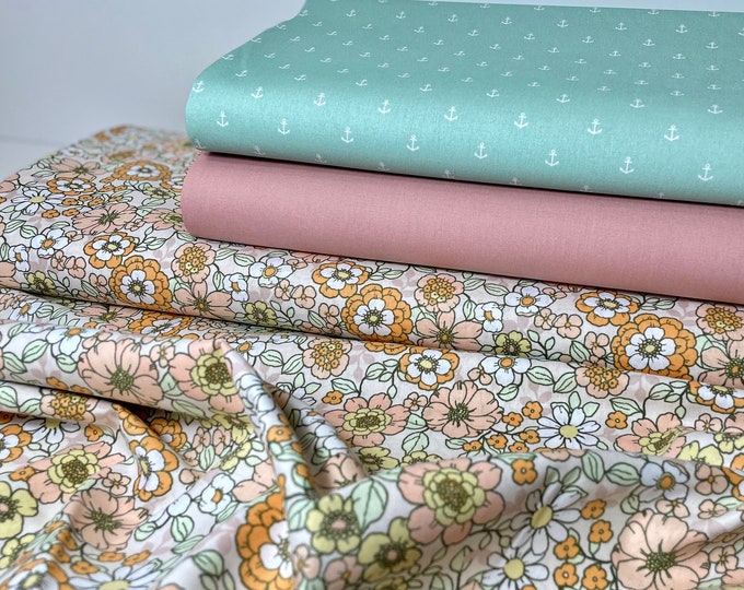 Cotton Poplin Cotton Fabric Meterware Flowers Retro Orange Salmon Pink Anchor Mint Dress Skirt Girl Pillow