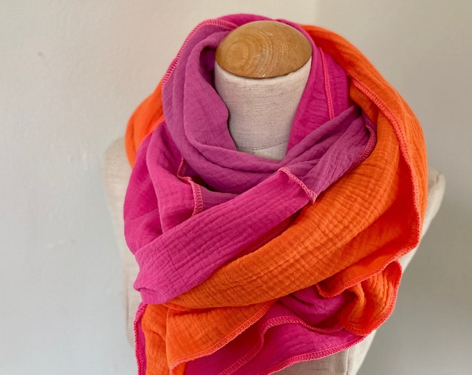 Muslin scarf XXL wrap scarf triangle loop scarf pink fuchsia neon orange rust pink cotton scarf stole summer scarf triangular scarf