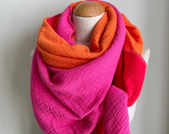 Musselintuch XXL Wickelschal Dreieck Loopschal Pink Fuchsia Orange Rost Rosa Baumwolle Schal Stola Sommertuch Dreieckstuch