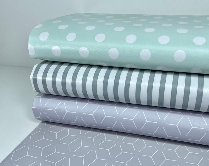 Oilcloth Tablecloth Tablecloth Garden Weatherproof Mint Pastel Green Grey Stripes Striped Dots Dotted Wax Fabric Painting Mat