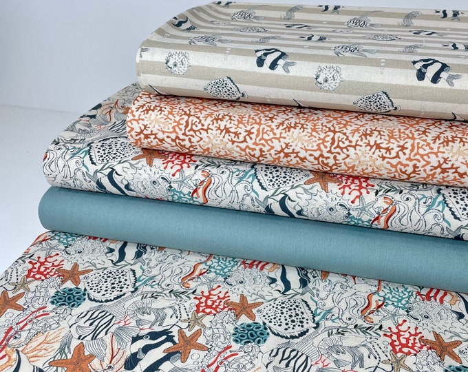 Cotton Fabric Patchwork Sold by the Meter Petrol Green Reed Fish Coral Sea Maritime Watercolor Marine Stripes
