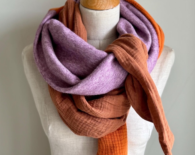 Scarf Winter Autumn Knitted Fleece Stole Muslin Wrap Scarf Loop Cognac Rust Brown Orange Lilac Purple Warm Cozy