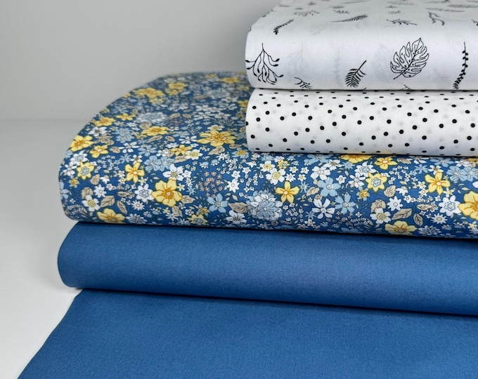 Cotton Fabric Patchwork Blue Digital Print Flowers Dots Black Ecu White Uni