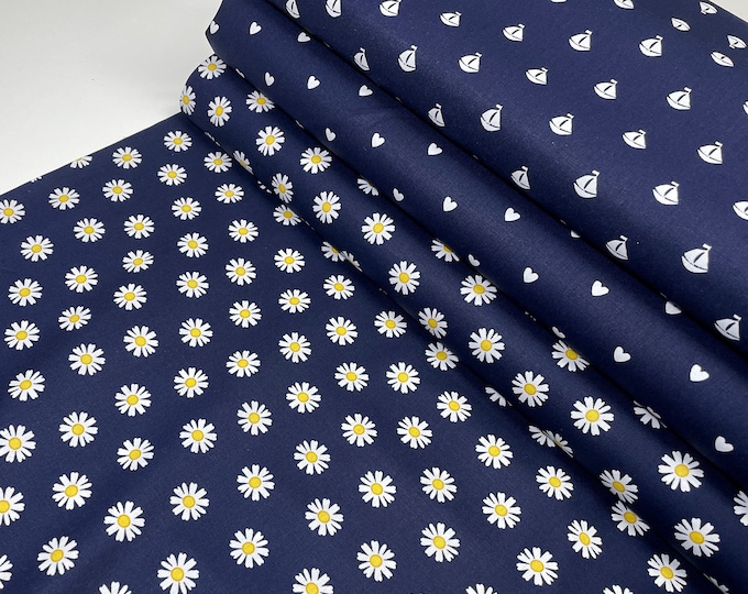 Cotton Blue Marine Fabric Patchwork Meterware Hearts Stripes Boat Sailboat Flowers Daisy