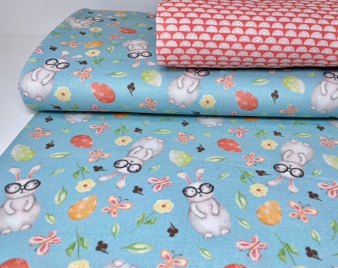 Cotton Organic GOTS Fabric Patchwork Meterware Colorful Bunny Rabbit Blue Orange Fabric Package