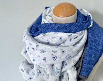 Muslin cloth XXL wrap scarf loop scarf flowers blue royal blue embroidery grey subtle scarf stole summer scarf triangular scarf
