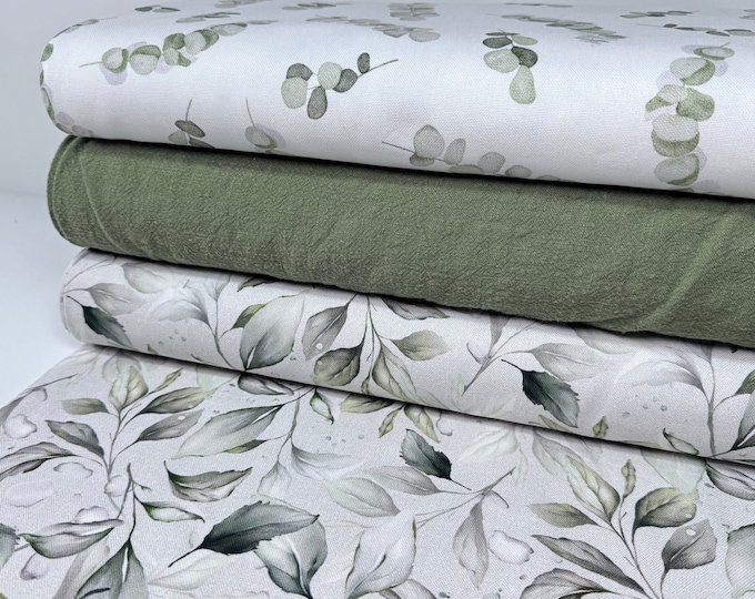 Decorative fabric 0.5 m canvas bag fabric linen fabric olive cotton meter green beige brown flowers taupe leaves eucalyptus