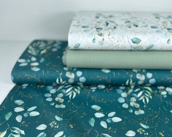 Cotton Fabric Patchwork Petrol Green Reed Leaves Eucalyptus Watercolor Digital Print