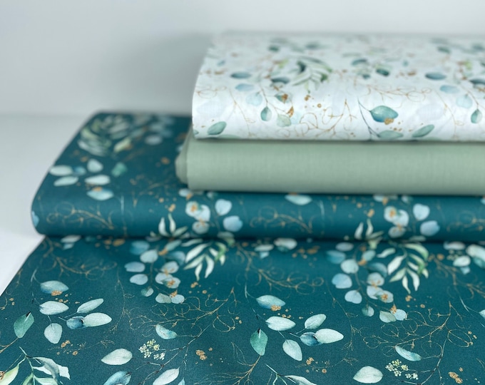 Cotton Fabric Patchwork Petrol Green Reed Leaves Eucalyptus Watercolor Digital Print