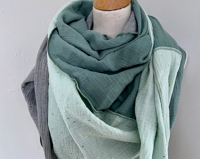 Muslin scarf XXL wrap scarf triangle loop scarf mint green reed sage gold grey cotton scarf stole summer scarf triangular scarf