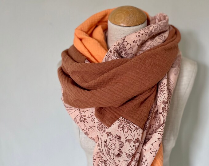 Muslin scarf XXL wrap scarf loop scarf pink leaves apricot peach scarf stole summer scarf triangular scarf linen scarf