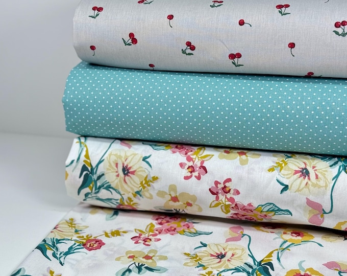 Coated Cotton Oilcloth Acrylic Pocket Fabric Tablecloth Garden Water-Repellent Tablecloth Green Reed Vintage Flowers Cherries Dots