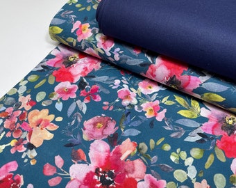 Fabric Flowers Digital Print Petrol Blue Summer Patchwork Cotton