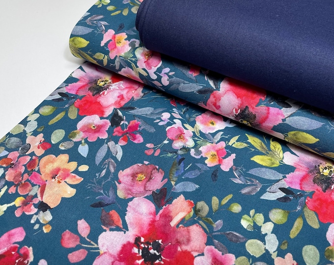 Fabric Flowers Digital Print Petrol Blue Summer Patchwork Cotton