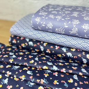 Tela de algodón patchwork por metro azul lavanda púrpura lila pájaros zarcillos arcos ondas paquete de tela