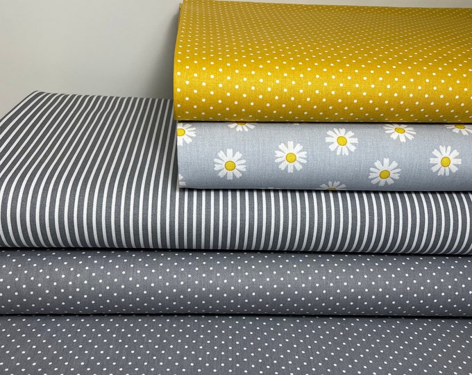 Cotton Fabric Flowers Daisies Stripes Dots Grey Yellow Curry Sold by the Meter Patchwork