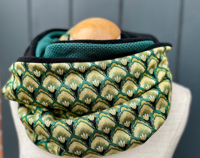Loop Loop Scarf Scarf Tube Scarf Reversible Scarf Cotton Knitted Fabric Green Jacquard Petrol Black Curry Gold