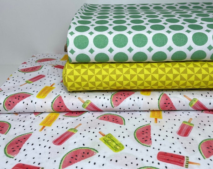 Cotton Organic GOTS Fabric Patchwork Meterware Colorful Graphic Green Reed Sage Melon Summer Yellow Watercolor Fabric Package