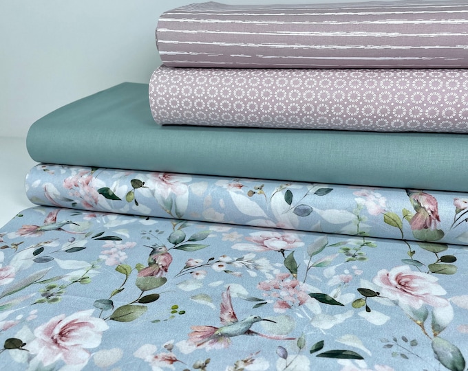 Cotton Fabric Green Pastel Cotton Fabric Dots Flowers Mint Blue Birds Hummingbird Leaves Digital Print Fabric Package Patchwork