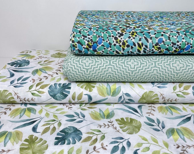 Cotton Organic GOTS Fabric Patchwork Meterware Colorful Graphic Green Reed Sage Turquoise Leaves Jungle Monstera Watercolor Fabric Package