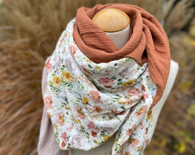 Muslin scarf XXL wrap scarf triangle loop scarf flowers green rust orange pink roses pastel tone cotton scarf stole summer scarf triangular scarf