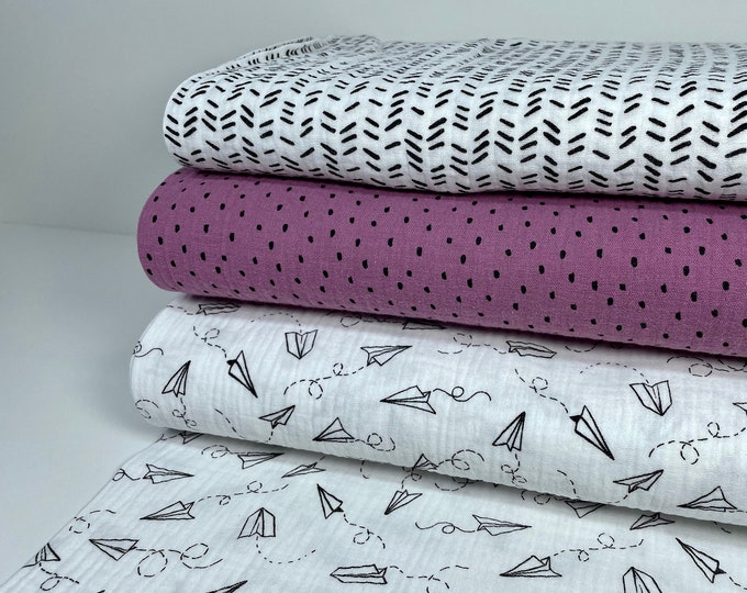 Muslin Double Gauze Cotton Fabric Summer Fuchsia Pink Purple Lilac Grey Black Monochrome Stripes Aviator White