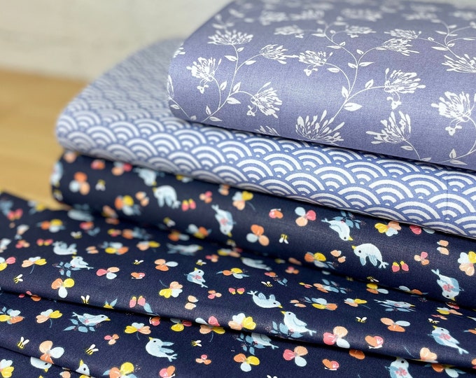 Cotton Fabric Patchwork Meterware Blue Lavender Purple Lilac Birds Tendrils Bows Waves Fabric Package