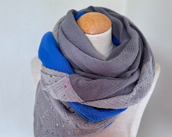 Muslin cloth XXL wrap scarf triangle loop scarf grey glitter dots anthracite blue royal blue cotton scarf stole summer scarf