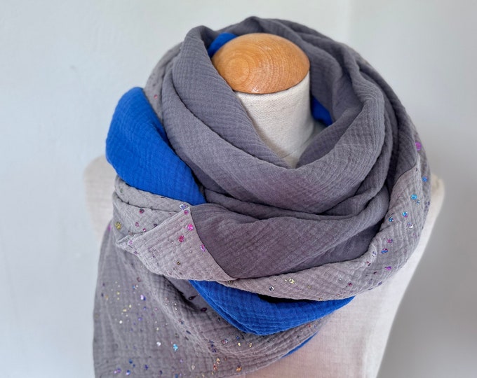 Muslin cloth XXL wrap scarf triangle loop scarf grey glitter dots anthracite blue royal blue cotton scarf stole summer scarf