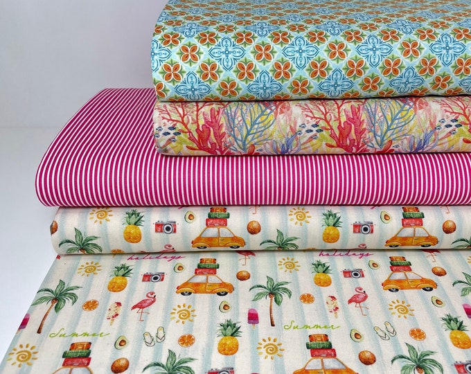 Cotton Fabric Patchwork Sold by the Meter Palms Summer Flamingo Pink Fuchsia Stripes Navy Stripes