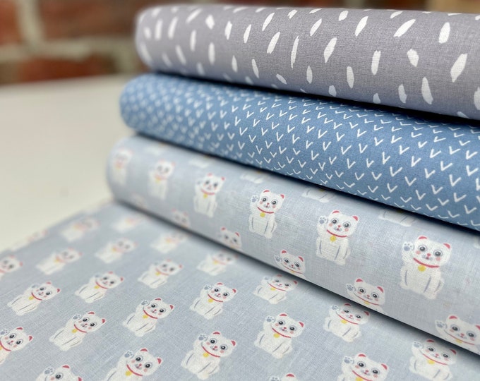 Cotton Cats Blue Grey Cotton Fabric Sold by the Meter Pastel Fabric Package