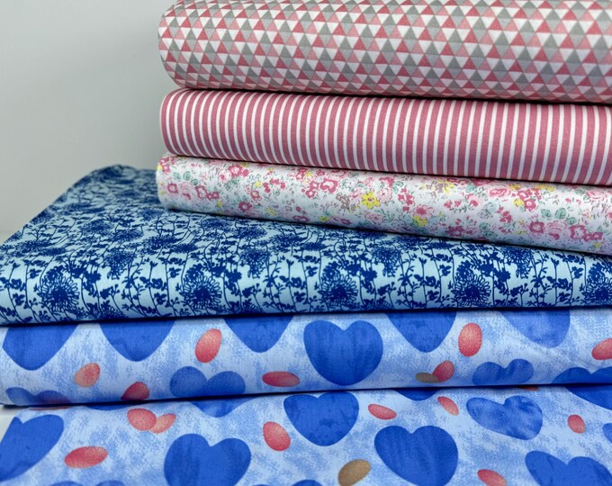 Cotton Fabric Patchwork Hearts Yellow Blue Pink Summer Flowers Dots Stripes
