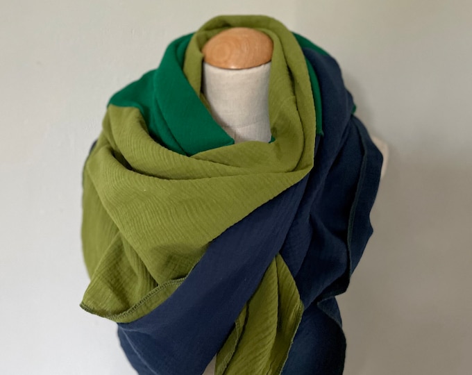 Muslin scarf XXL wrap scarf triangle loop scarf green blue navy olive kiwi cotton scarf stole summer scarf triangular scarf