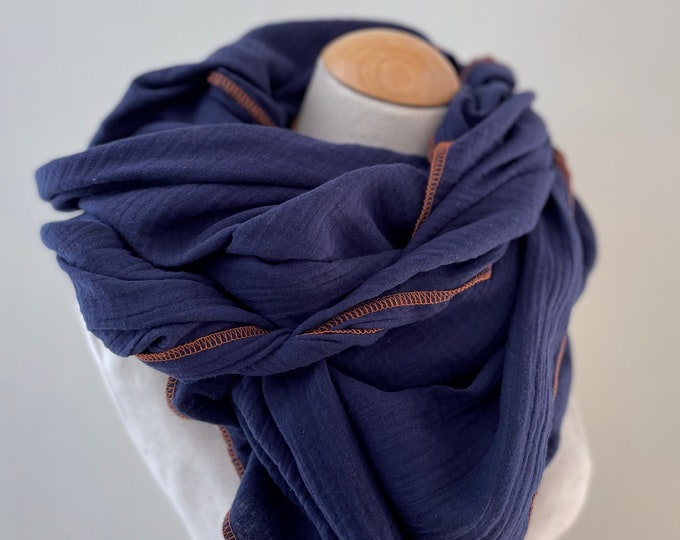 Muslin cloth XXL wrap scarf loop scarf navy blue dark blue orange scarf stole summer scarf triangular scarf