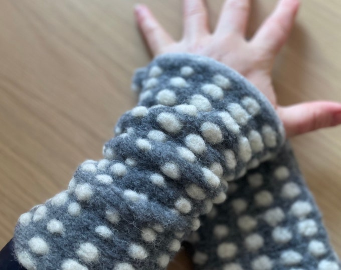 Scarf wool slip scarf loop loop scarf grey felt dots winter scarf fleece pompom felt beige ecru