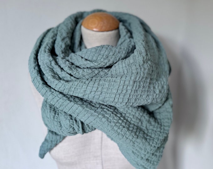 Muslin cloth XXL wrap scarf triangle loop scarf green pastel reed green sage cotton scarf stole summer scarf triangular scarf