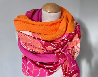 Mousseline doek XXL wikkelsjaal driehoekige lussjaal roze fuchsia oranje roestroze katoenen sjaal stola zomersjaal driehoekige sjaal