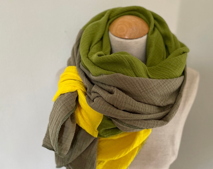 Muslin scarf XXL wrap scarf triangle loop scarf green yellow olive kiwi cotton scarf stole summer scarf triangular scarf