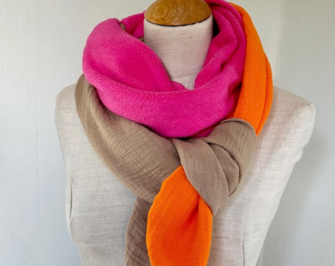 Scarf Winter Autumn Fleece Stole Muslin Cloth XXL Wrap Scarf Loop Scarf Pink Fuchsia Orange Pink Cotton Neon Warm Cozy