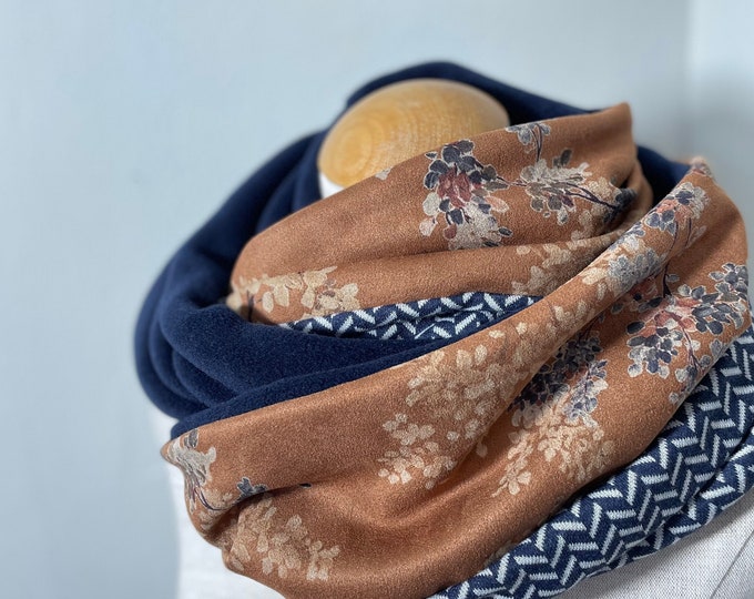Loop Loop Scarf Scarf Tube Scarf Reversible Scarf Cotton Knit Herringbone Knit Blue Brown Jersey Winter Scarf Navy