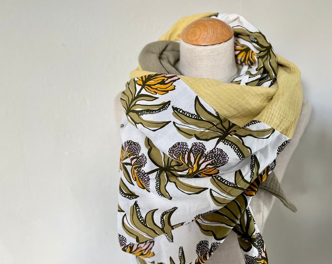 Muslin cloth XXL wrap scarf triangle loop scarf flowers green khaki yellow pastel tone cotton scarf stole summer scarf triangular scarf