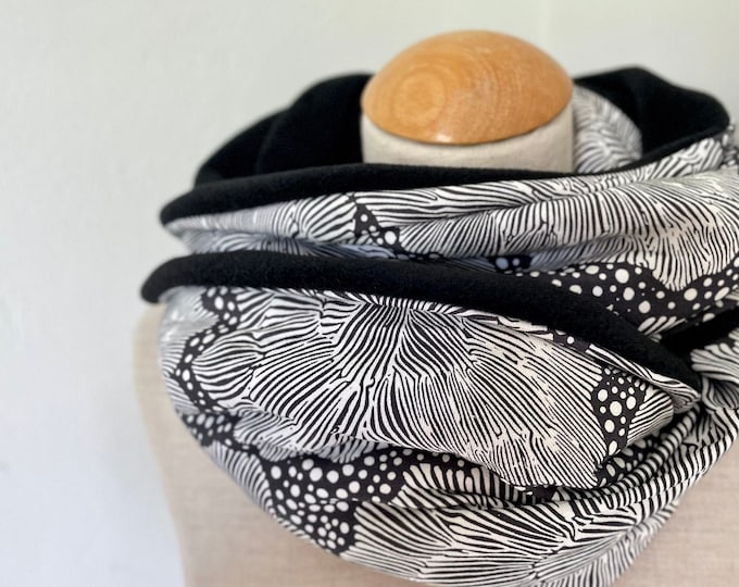 Loop tube scarf loop scarf jersey scarf reversible scarf fleece flowers black white leaves