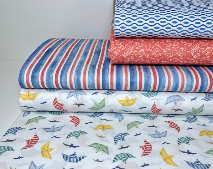 Cotton Organic GOTS Fabric Patchwork Sold by the Meter Colorful Boats Ships Stripes Maritime Red Blue Crab Fish Fabric Package