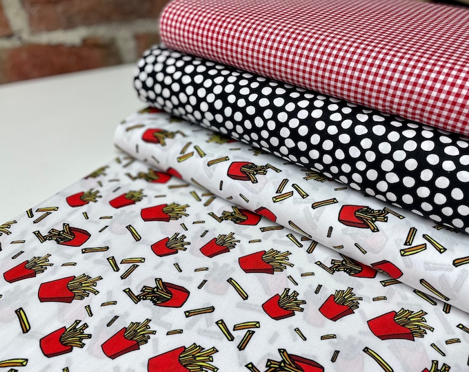 Cotton Fabric Patchwork Meterware French Fries Red White Checkered Black Fast Food Vichy