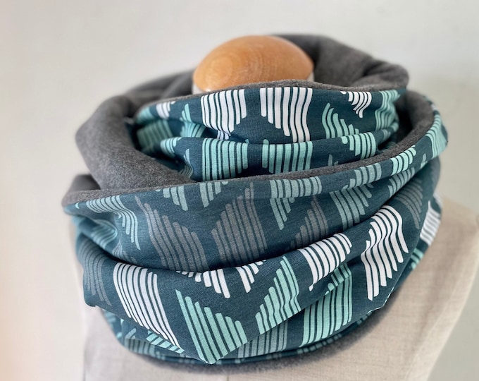 Loop Scarf Scarf Winter Scarf Cloth Jersey Turquoise Grey Mint Graphic Stripes Fleece Reversible Scarf Winter Lined