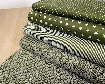 Cotton Fabric Green Khaki Patchwork Olive Dots Stripes Flowers